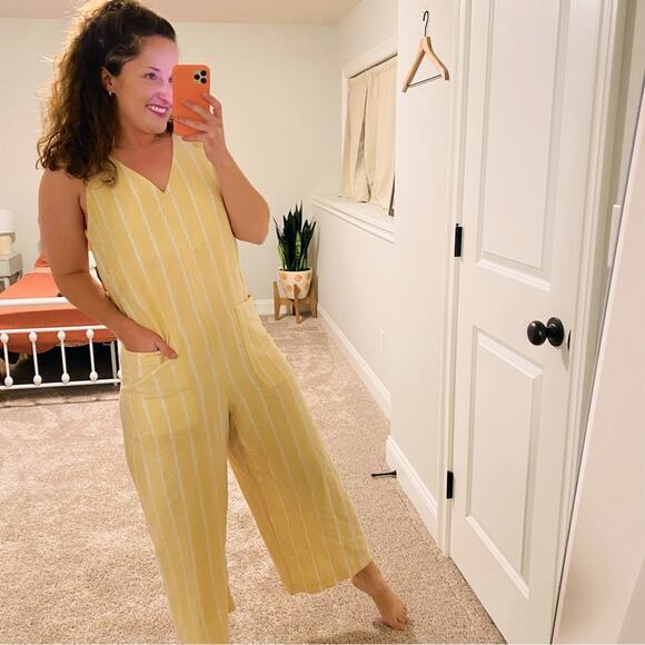 Hatch Pants - HATCH Maternity Yellow Striped Cotton Jumpsuit 0